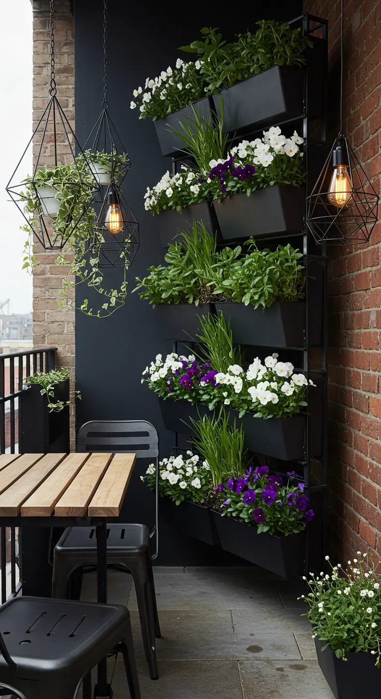 Balcon industriel avec jardin vertical en métal noir, jardinières inclinées de fleurs et suspensions lumineuses.