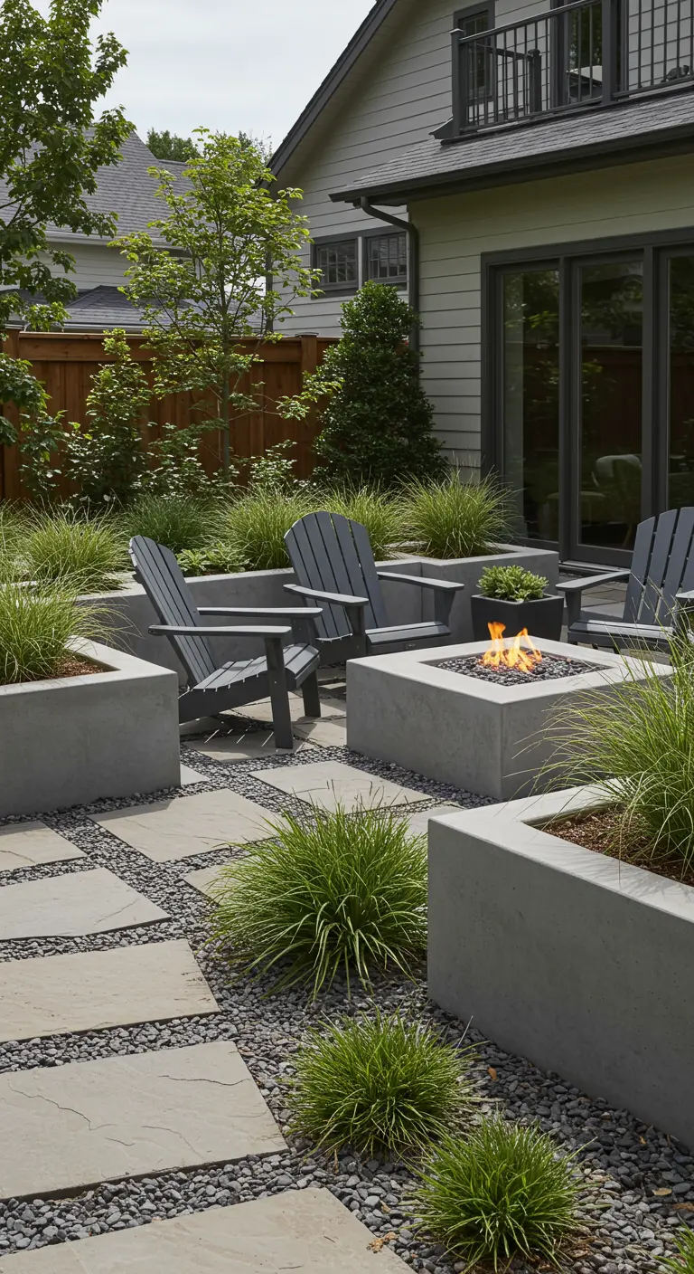 Patio moderne avec jardinières en béton, un foyer, chaises noires et graminées ornementales.