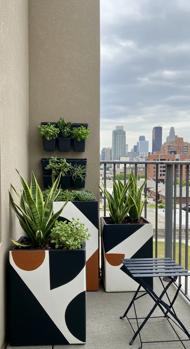 Pots cubiques peints de motifs géométriques noirs, blancs et marron sur un balcon moderne avec une vue sur la ville.