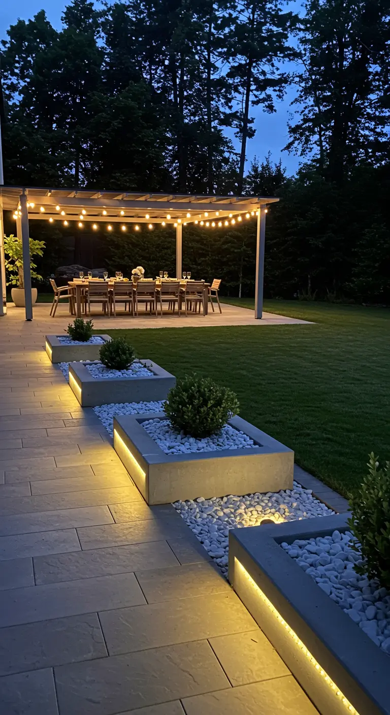 Chemin moderne en dalles, bordé de jardinières en béton avec éclairage LED sous le rebord et gravier blanc.