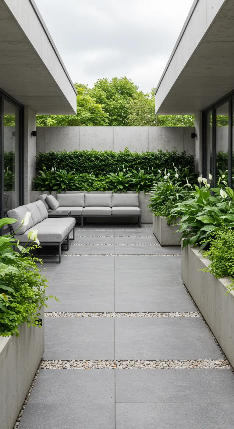 Patio moderne avec jardinières en béton, Spathiphyllum, Sansevieria, gravier blanc et dalles grises.