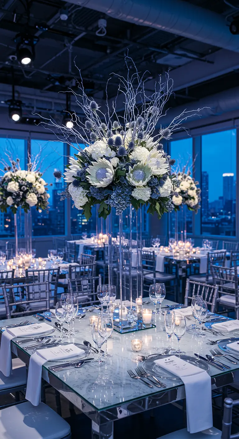 Table de réception moderne avec des centres de table hauts en verre, fleurs blanches et bleues, et branches givrées.
