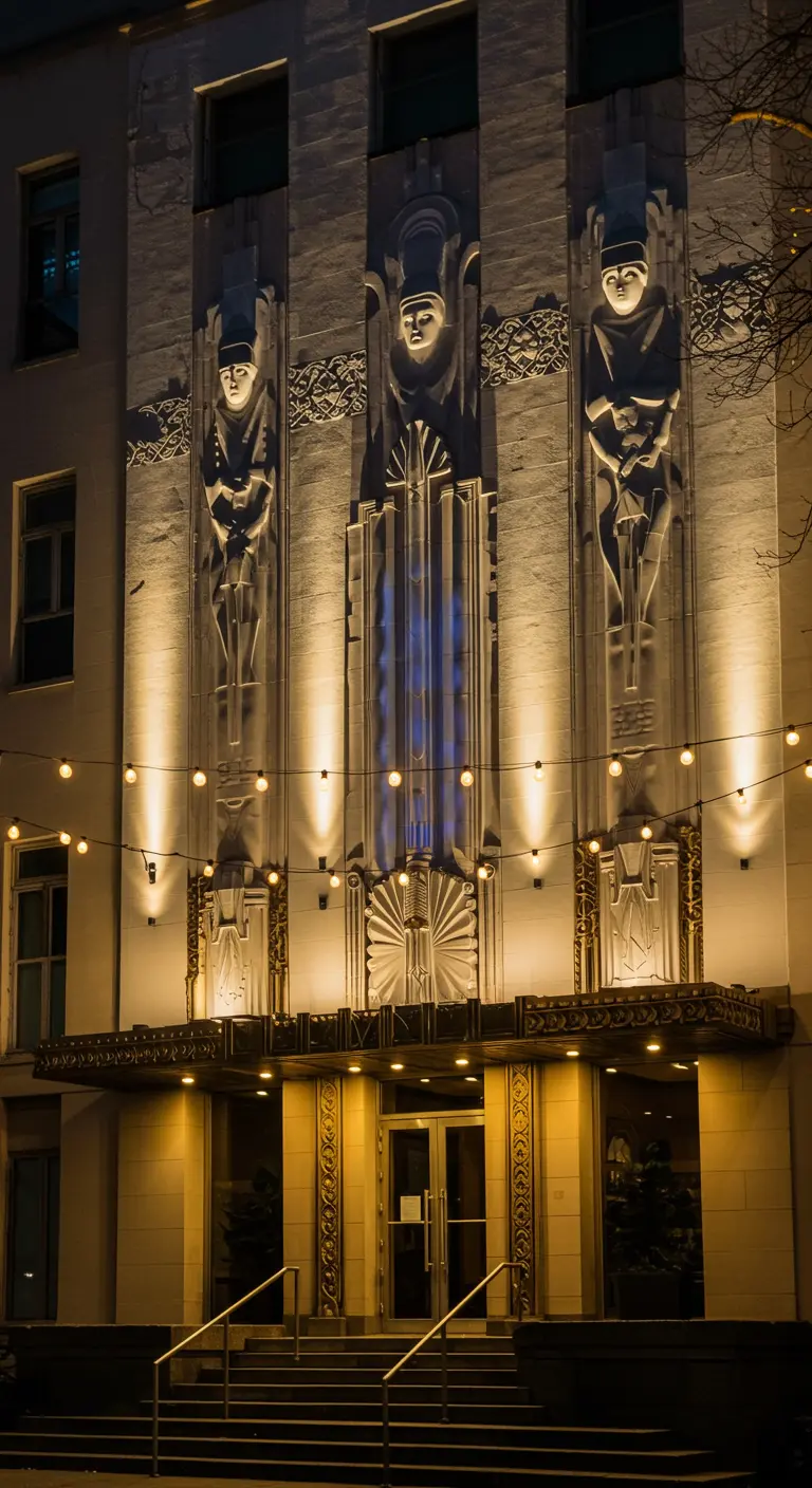 Bâtiment Art Déco avec sculptures, éclairé par des projecteurs et guirlandes lumineuses.