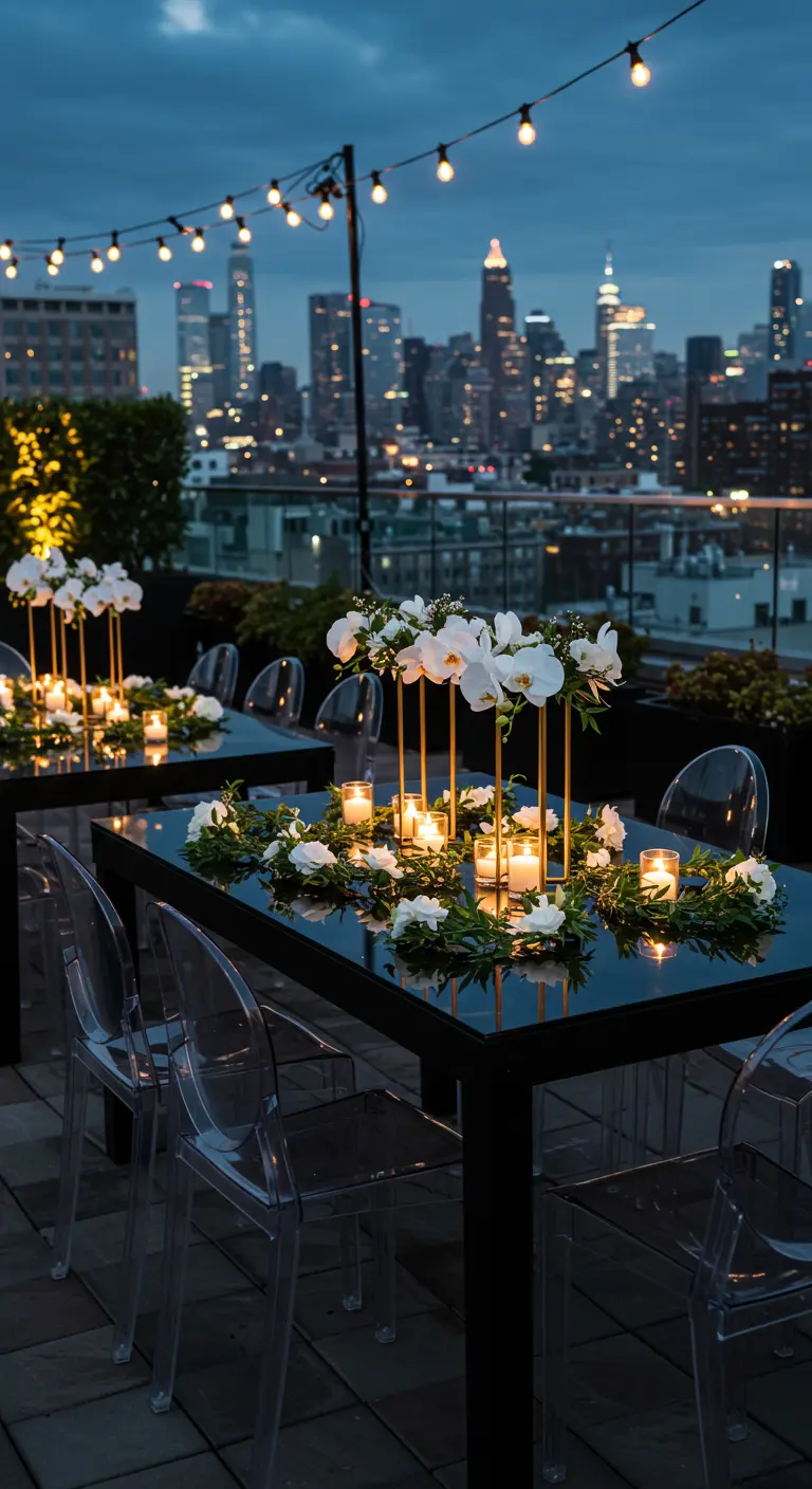 Tables de mariage sur un toit avec vue sur la ville, couronnes de roses blanches et bougies.