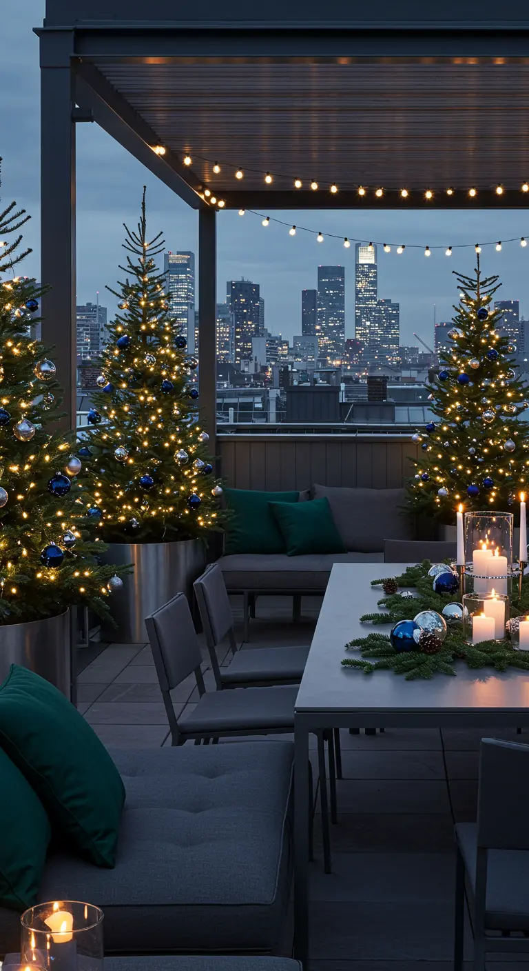Terrasse moderne sur le toit avec vue sur la ville, sapins de Noël bleus/argentés et table dressée.