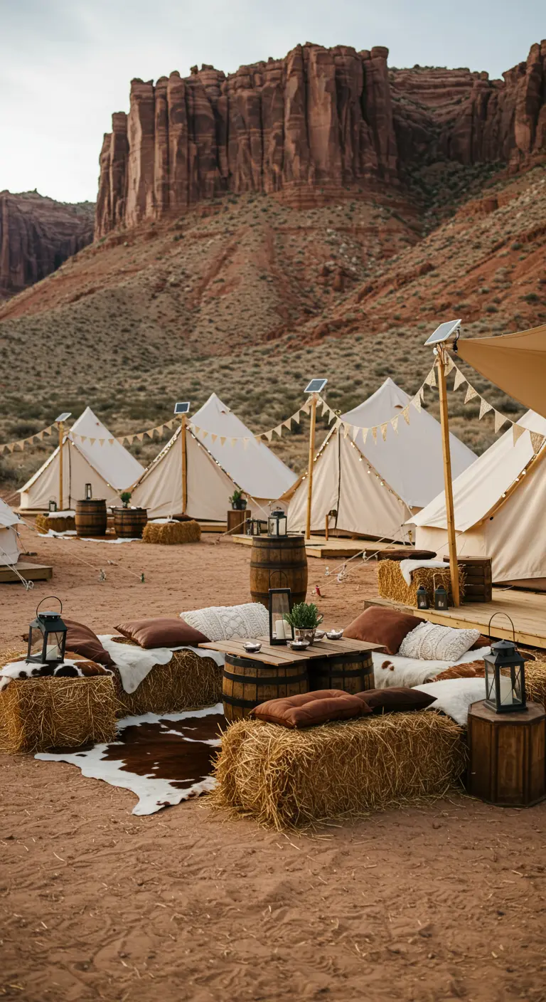 Tentes de glamping dans le désert, bottes de foin avec coussins et tapis, tonneaux avec lanternes, guirlandes.