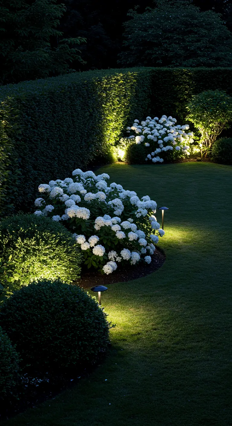 Jardin avec hortensias blancs éclairés par des projecteurs et des balises LED.