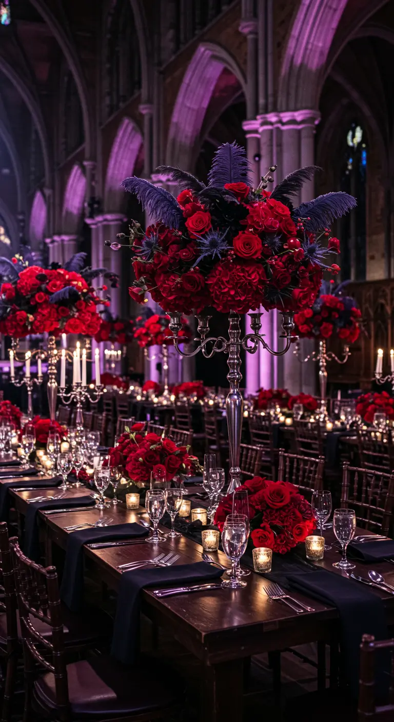 Longues tables de banquet dans une salle voûtée, avec de grands centres de table de fleurs rouges sombres et candélabres argentés.