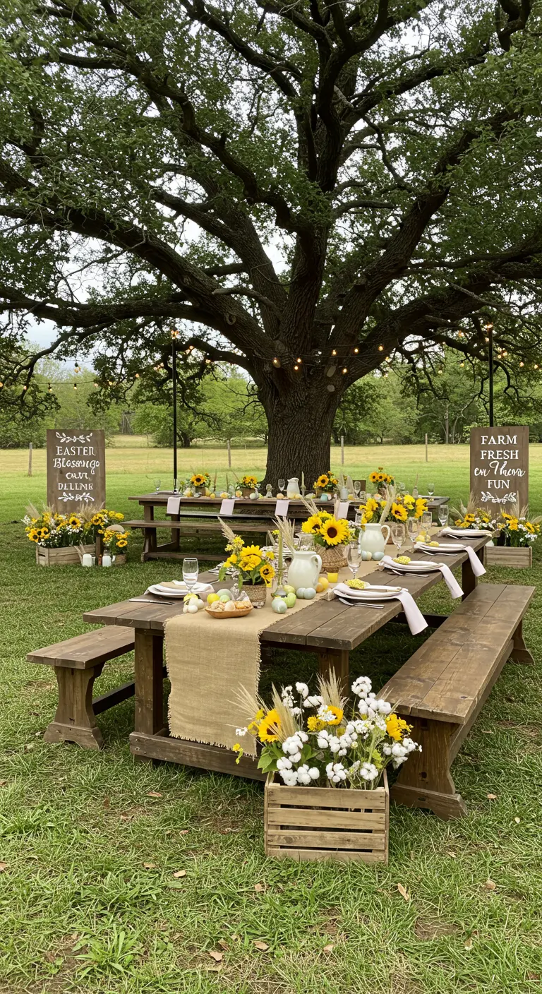Grande table de Pâques rustique en bois avec bancs, décorée de tournesols, sous un chêne.