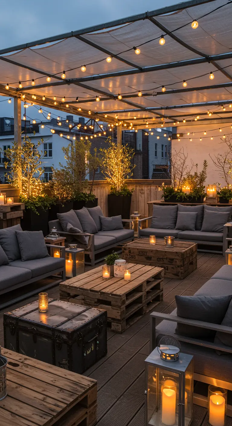 Grande terrasse avec canapés gris, tables palettes, guirlandes, arbres lumineux.