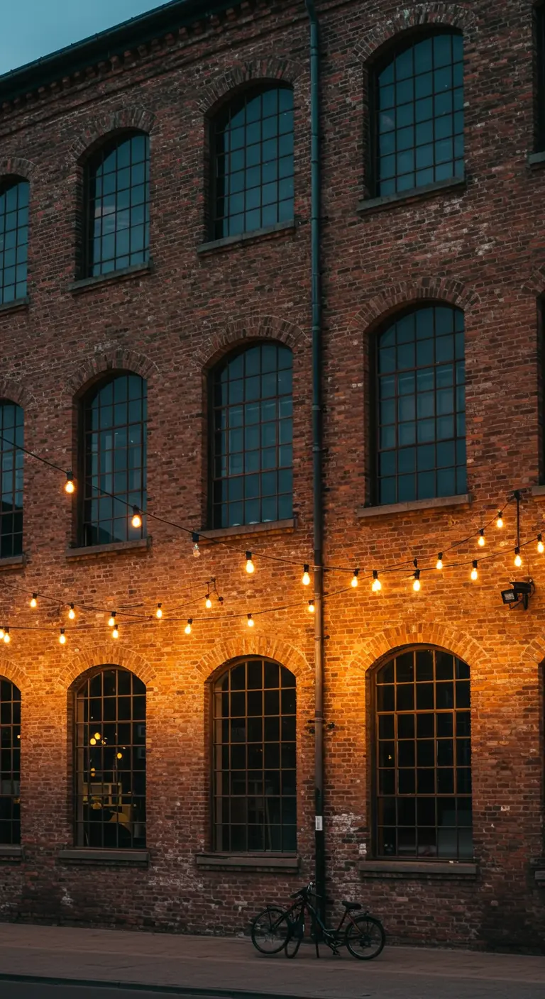 Grand bâtiment en briques avec de nombreuses fenêtres et guirlandes lumineuses.
