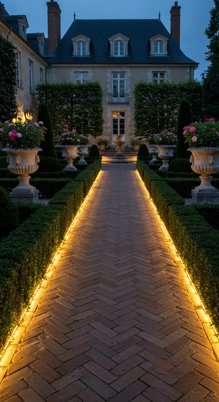 Allée pavée de briques menant à un grand manoir, bordée de haies et de rubans LED chauds.