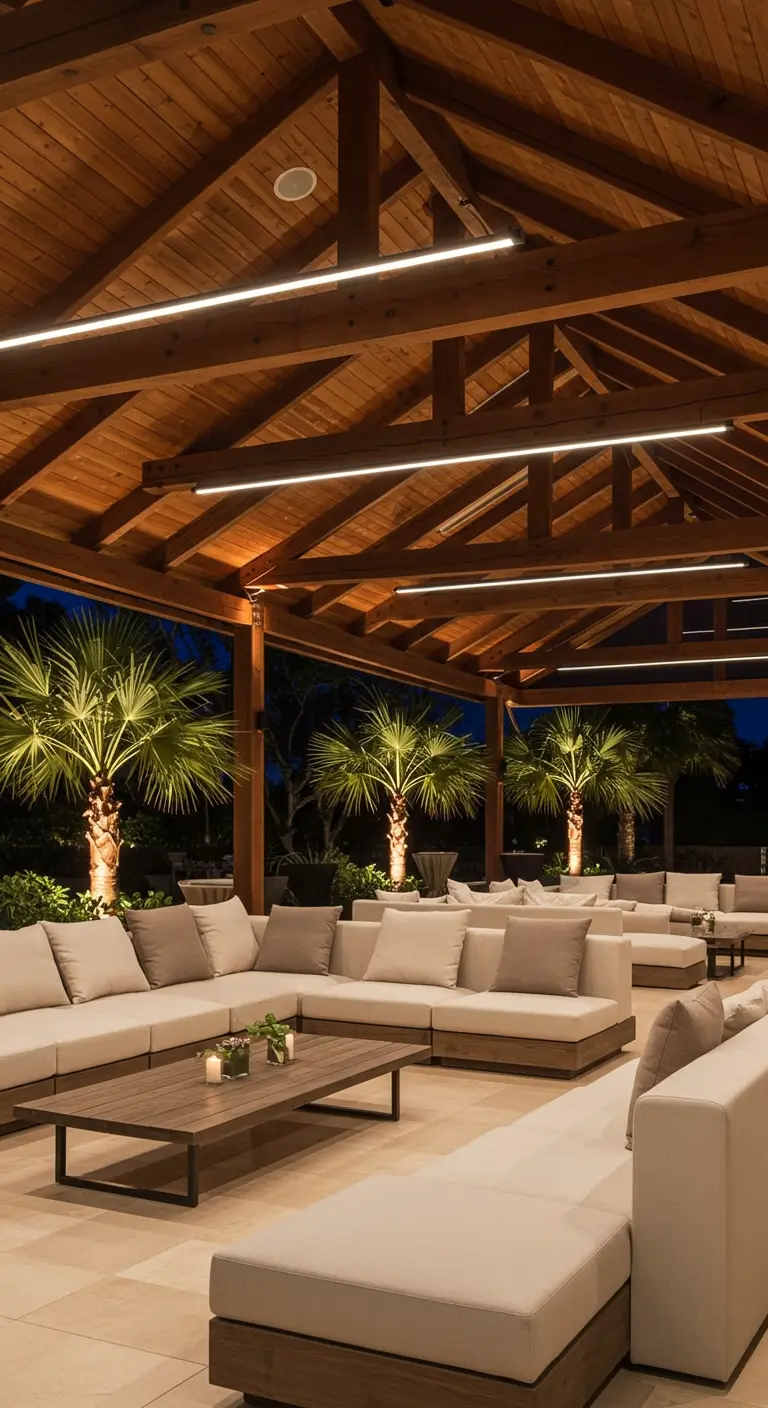 Grand salon d'extérieur couvert avec plafond en bois, éclairage LED linéaire et palmiers.