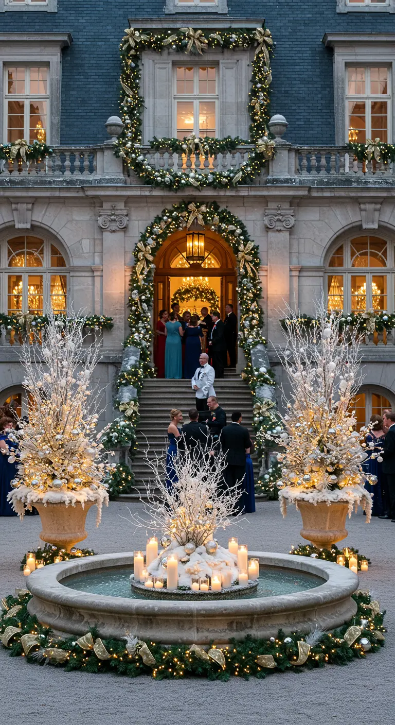 Extérieur de grande maison décoré de guirlandes, urnes lumineuses et fontaine illuminée.