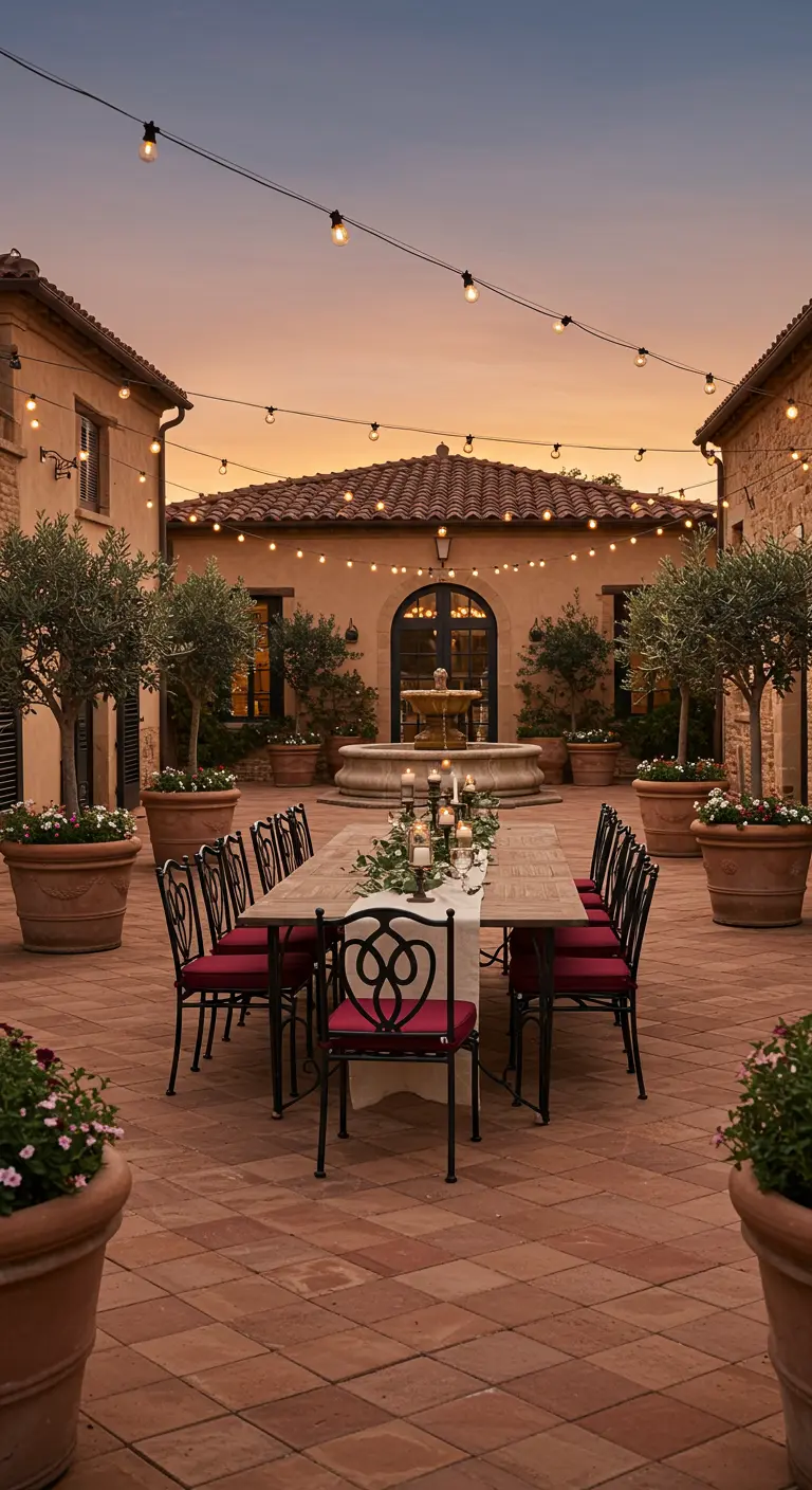 Cour extérieure illuminée avec table à manger en bois et chaises en métal forgé, oliviers en pots.