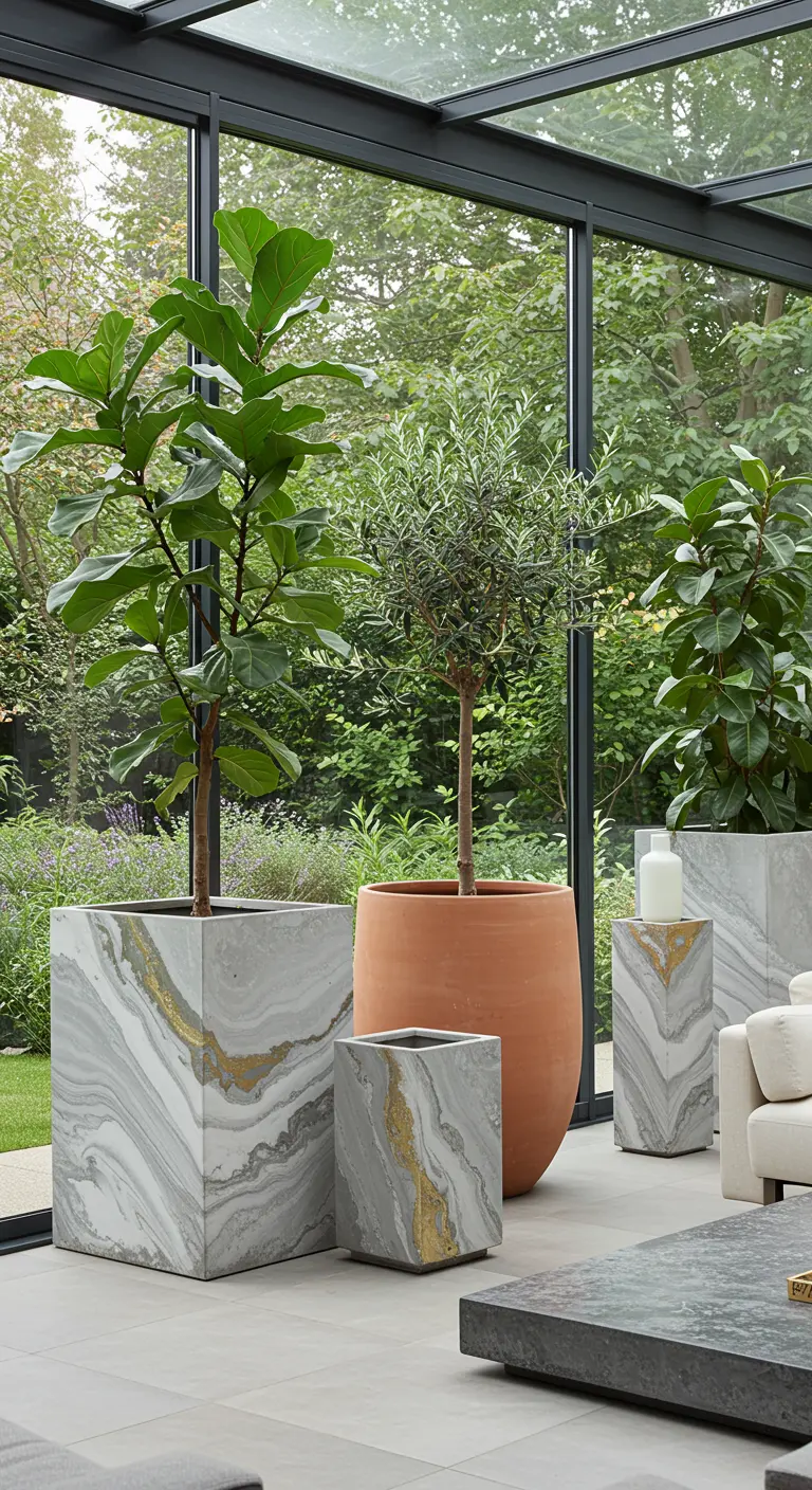 Grands pots cubiques marbrés avec des détails dorés, et un pot en terre cuite, accueillant des arbres d'intérieur luxuriants.