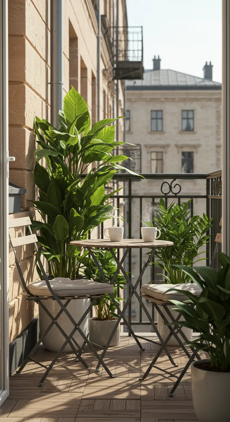 Balcon ensoleillé avec grandes plantes vertes en pots blancs, table et chaises pliantes en bois clair.