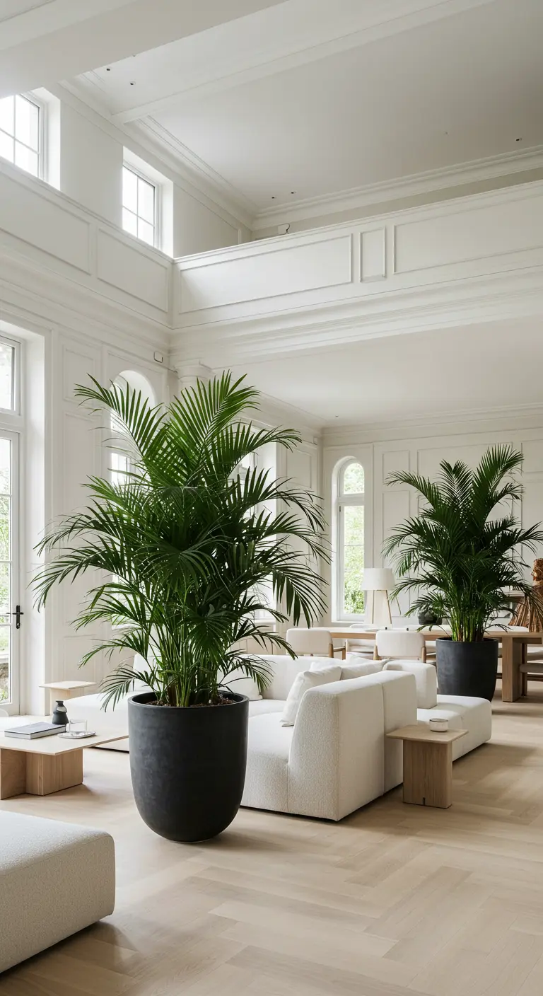 Grandes palmes Areca dans des pots noirs, salon blanc et spacieux.