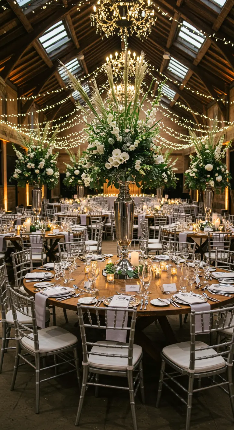 Intérieur de grange aménagé avec de longues tables en bois, centres de table hauts de fleurs blanches et verdure luxuriante.
