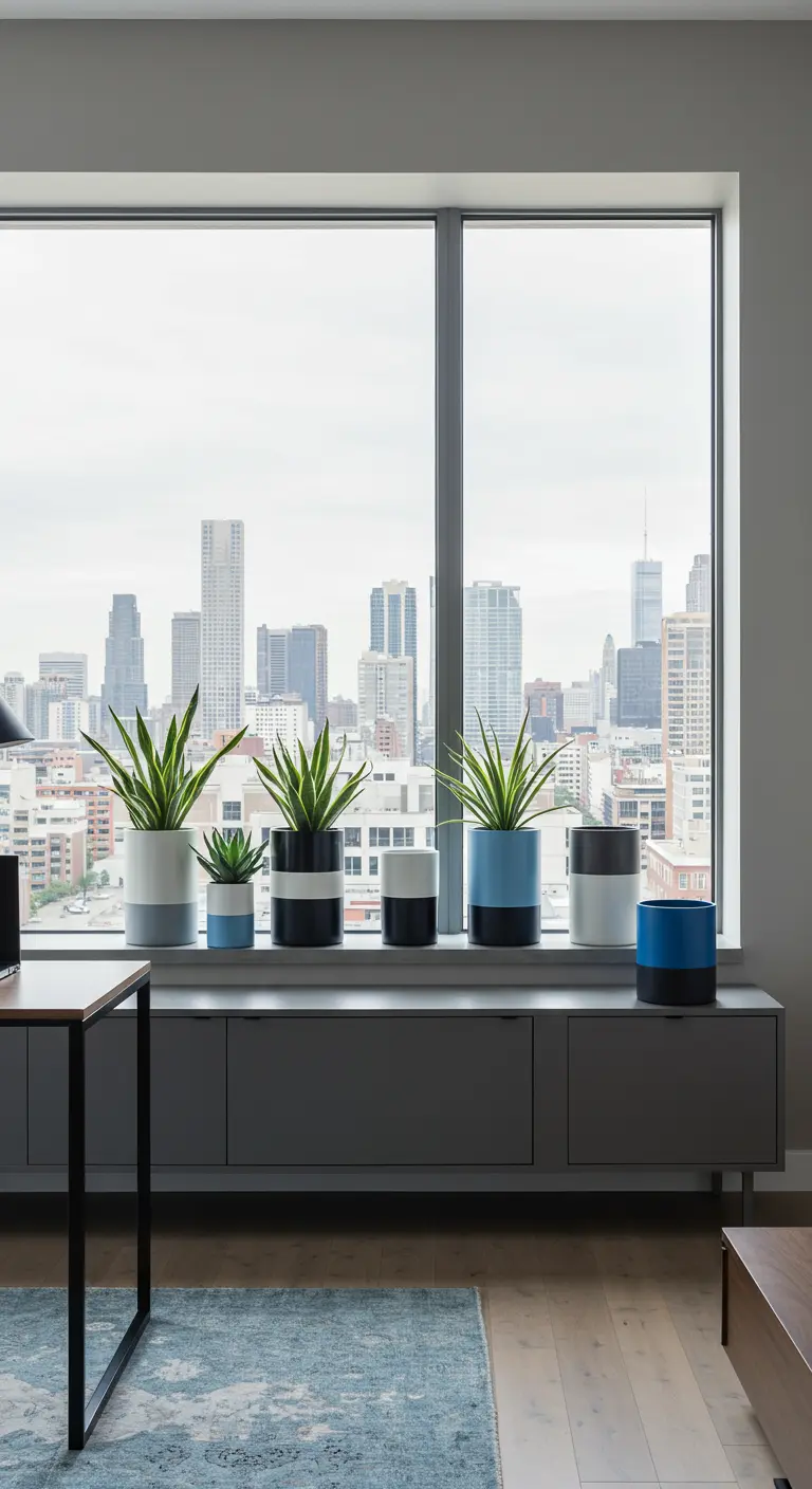 Plantes vertes dans des pots bicolores (blanc, noir, bleu) alignés sur un meuble sous fenêtre, vue ville.