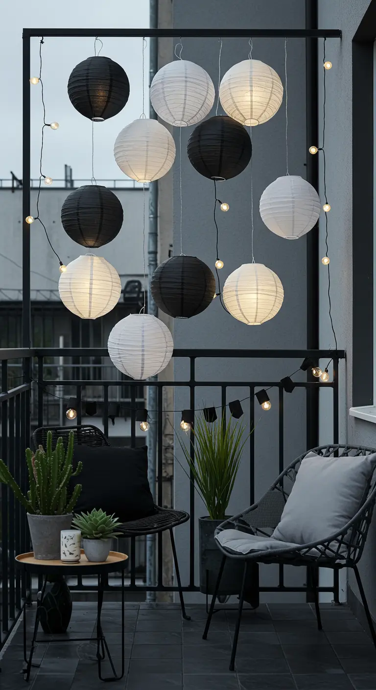 Balcon moderne avec lampions noirs et blancs, cadre métallique, guirlande lumineuse et décor minimaliste.