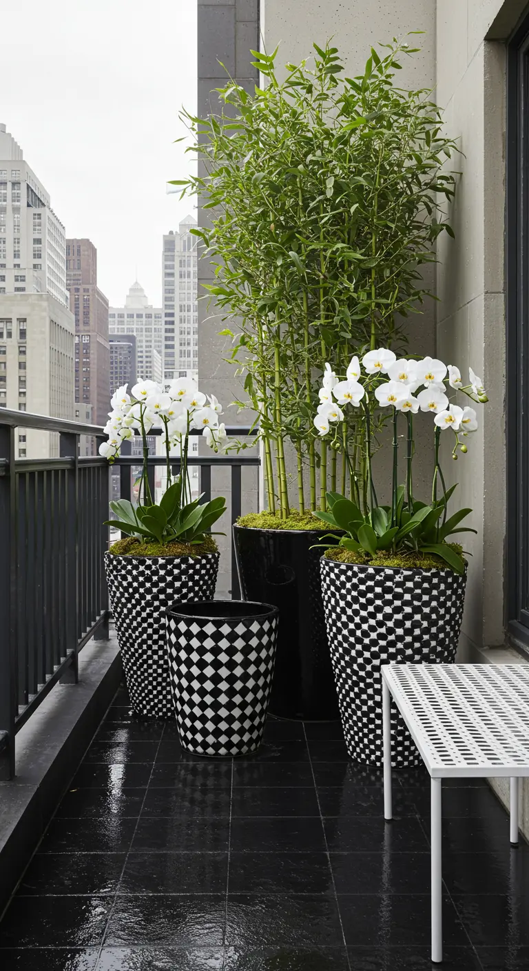 Balcon urbain avec des pots noirs et blancs à motifs géométriques, bambou et orchidées.