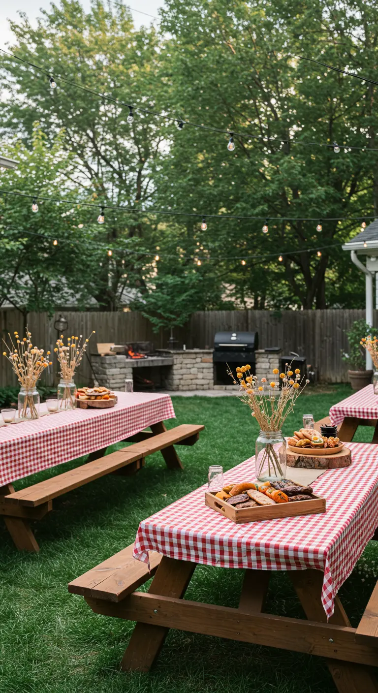 Barbecue en extérieur avec tables de pique-nique à nappes rouges à carreaux et guirlandes.