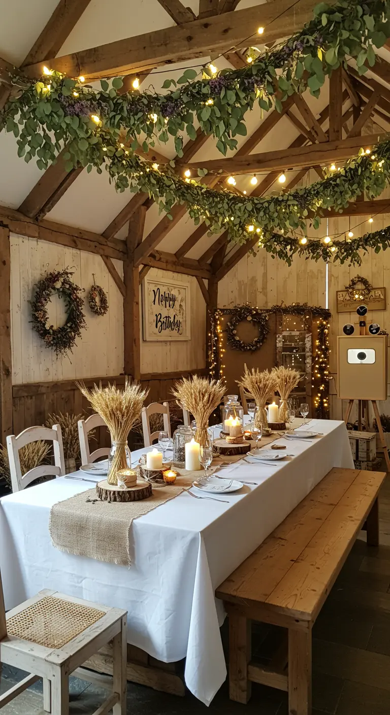 Intérieur de grange décoré avec guirlandes d'eucalyptus, lumières scintillantes, bottes de blé et photobooth.