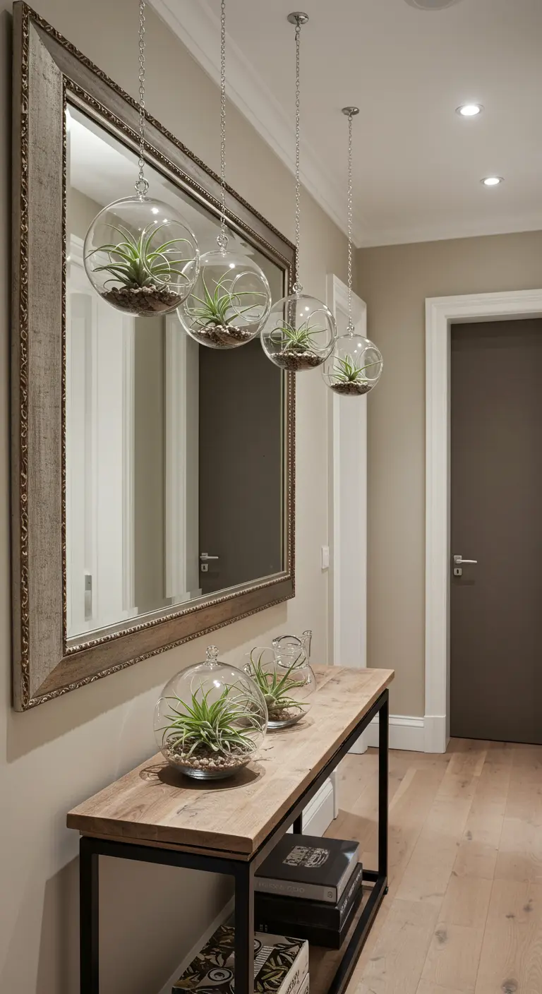 Quatre terrariums sphériques avec Tillandsias et sable suspendus devant un grand miroir dans une entrée moderne.