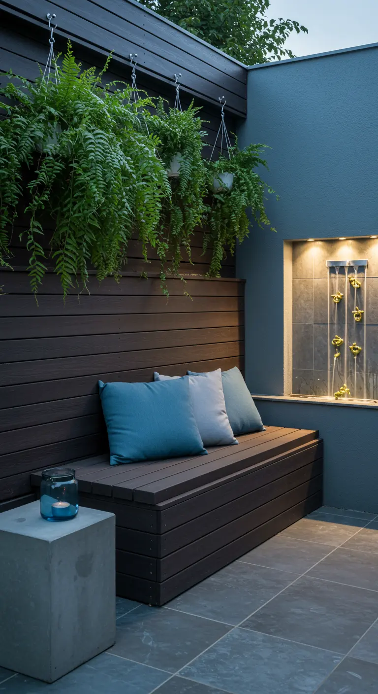 Patio moderne avec banquette en bois foncé, coussins bleus, fontaine murale et table d'appoint en béton.