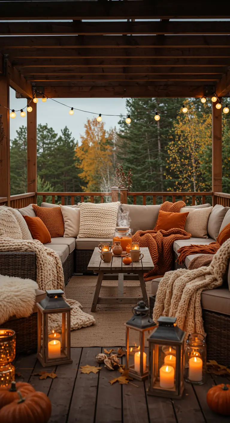 Terrasse d'automne chaleureuse avec guirlandes lumineuses et plaids douillets.