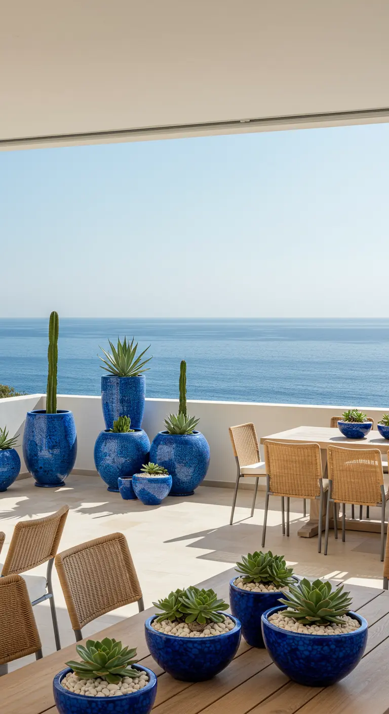 Grande terrasse avec vue sur la mer, des pots bleus brillants et des plantes succulentes.