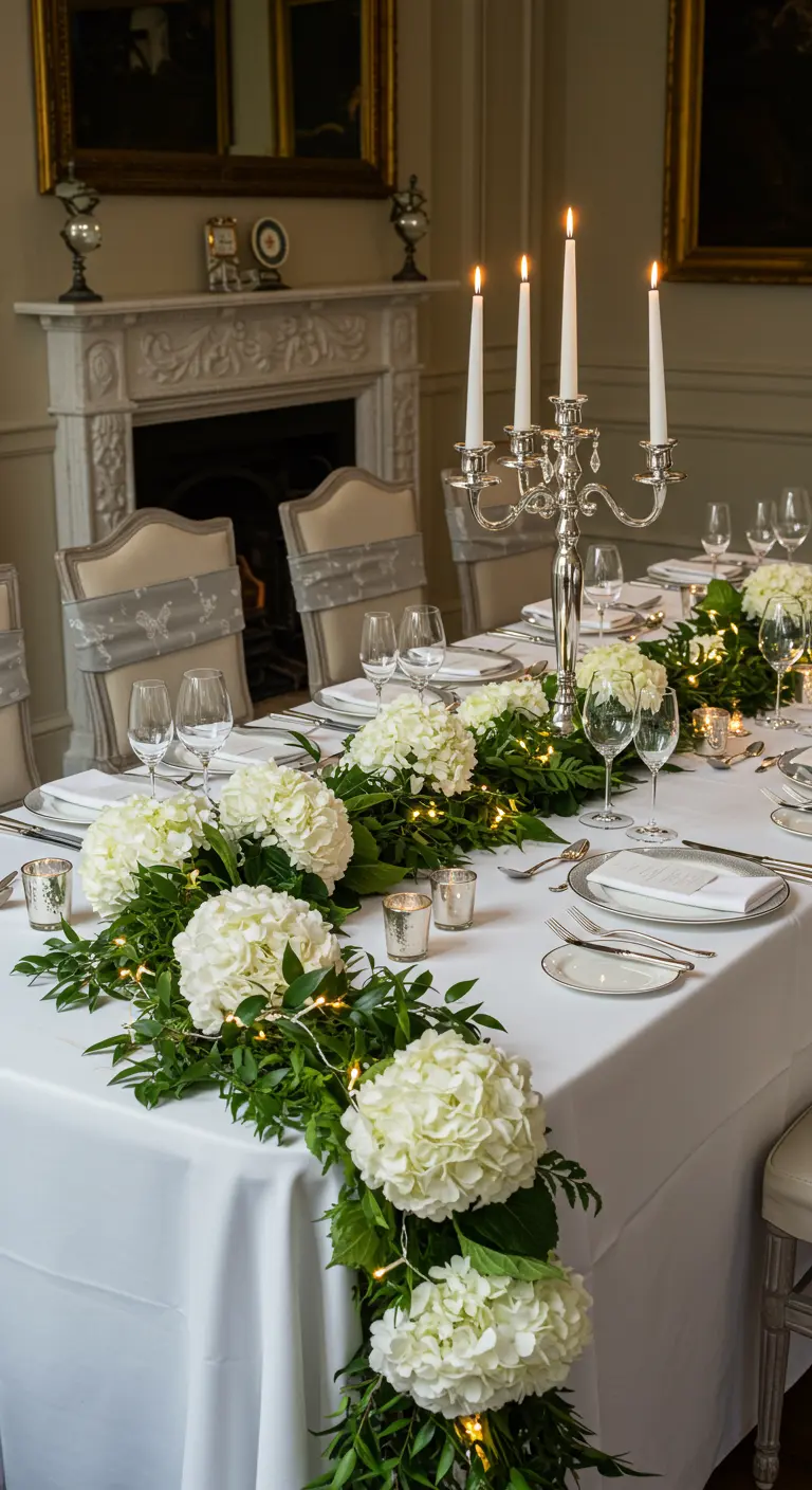 Table de fête élégante avec guirlande florale blanche, feuillage vert et petites bougies lumineuses.