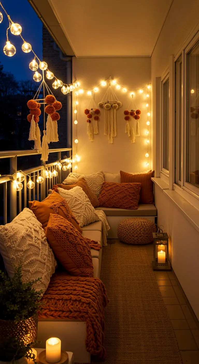 Balcon cosy avec banc, coussins tricotés, plaids, guirlandes lumineuses et mobile pompons.