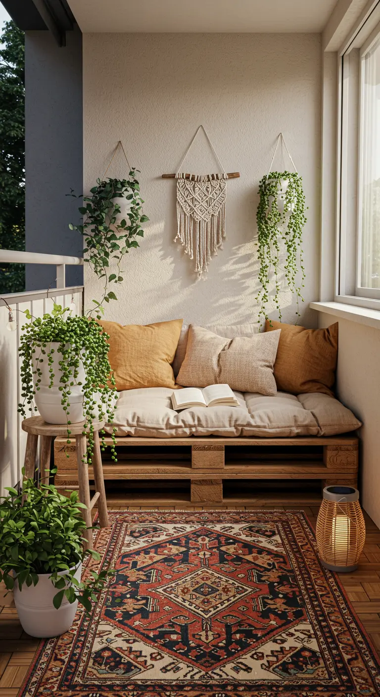 Banquette en palettes avec coussins ocre, macramé et plantes suspendues sur balcon