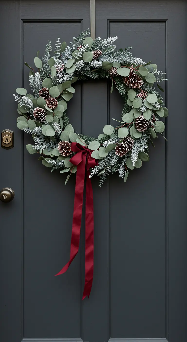 Couronne d'eucalyptus givré et sapin avec ruban bordeaux sur porte anthracite.