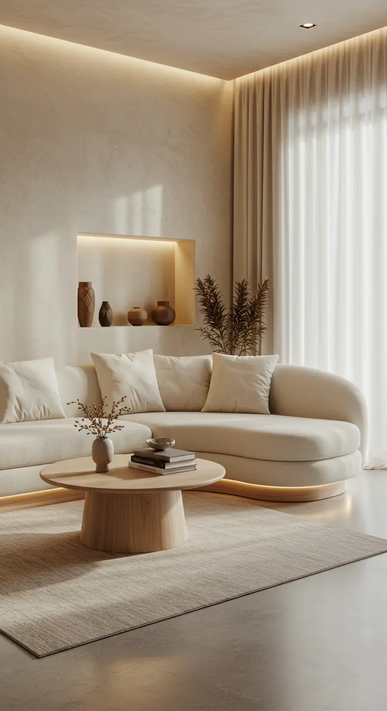 Salon avec canapé arrondi crème, table basse ronde bois, niche murale éclairée et rideaux blancs.
