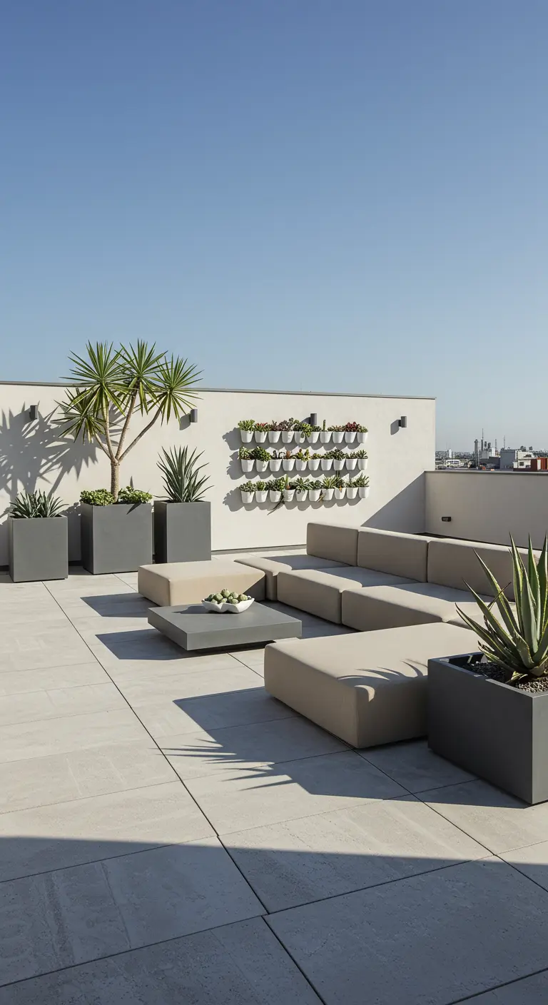 Grande terrasse minimaliste avec pots gris uniformes, agaves, et mur végétal modulaire.