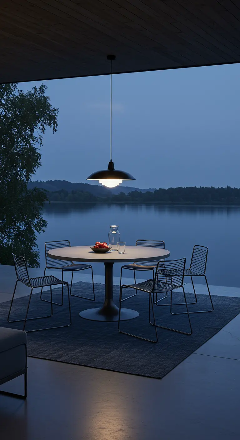Table ronde en béton avec chaises en acier filaire sous une lampe suspendue, vue sur un lac.