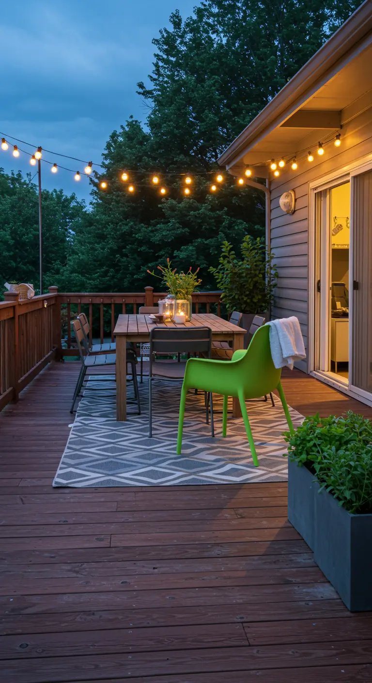 Terrasse en bois avec table à manger, chaises vertes, guirlandes lumineuses et tapis d'extérieur.