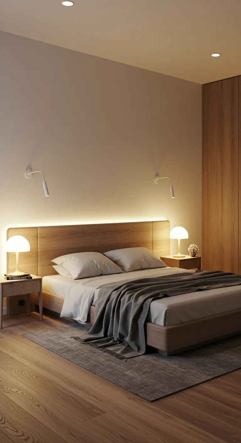 Tête de lit en bois rétroéclairée, lampes de chevet rondes et appliques murales, créant une ambiance multicouche.