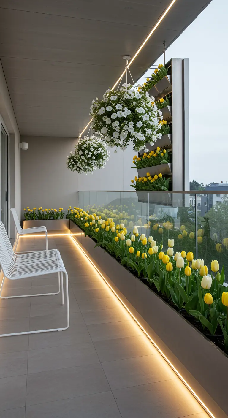 Balcon moderne avec de longues jardinières de tulipes jaunes et blanches, et des suspensions de fleurs blanches.