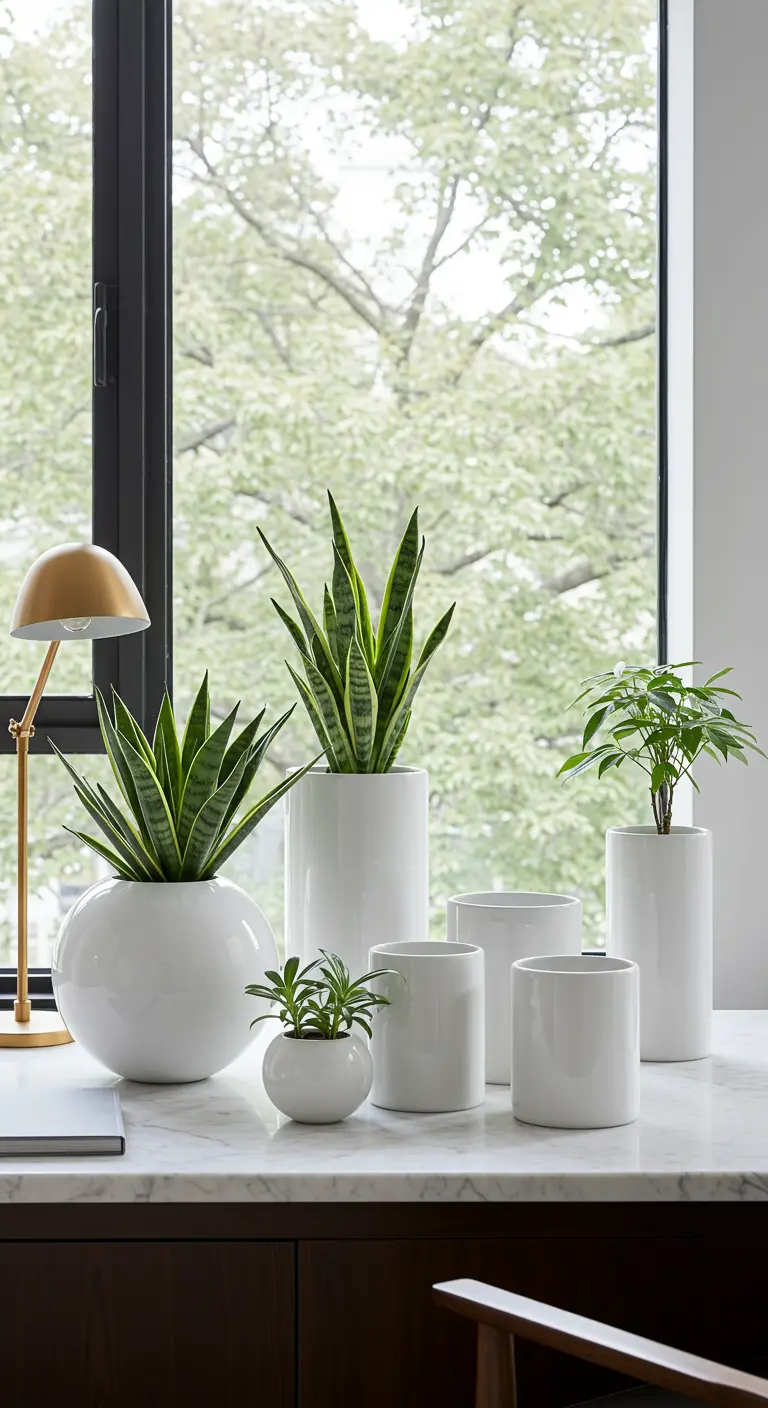 Plantes vertes dans des pots blancs de différentes formes et tailles sur un bureau blanc.
