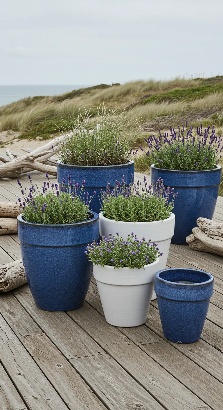 Pots bleus et blancs avec lavande et herbes sur une terrasse en bois près de la mer.