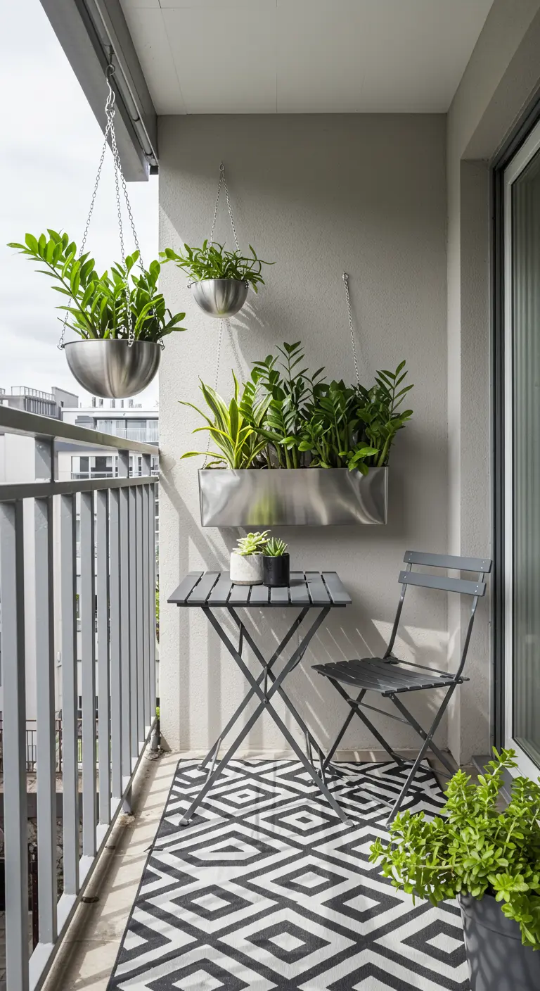 Balcon moderne avec mobilier gris, tapis géométrique, jardinières en acier inoxydable.