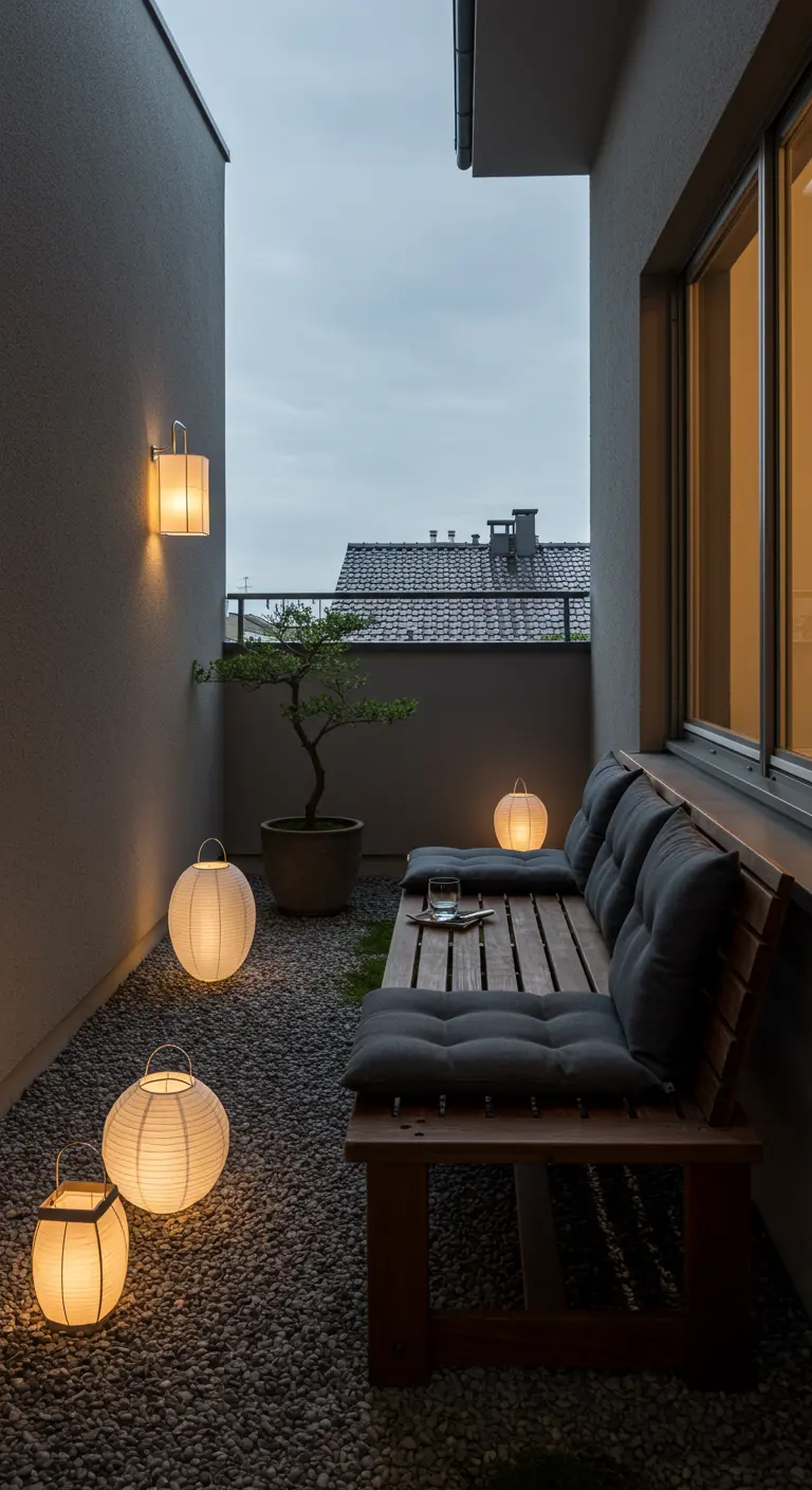 Balcon minimaliste zen avec banquette en bois, coussins gris, lampions au sol et gravier.
