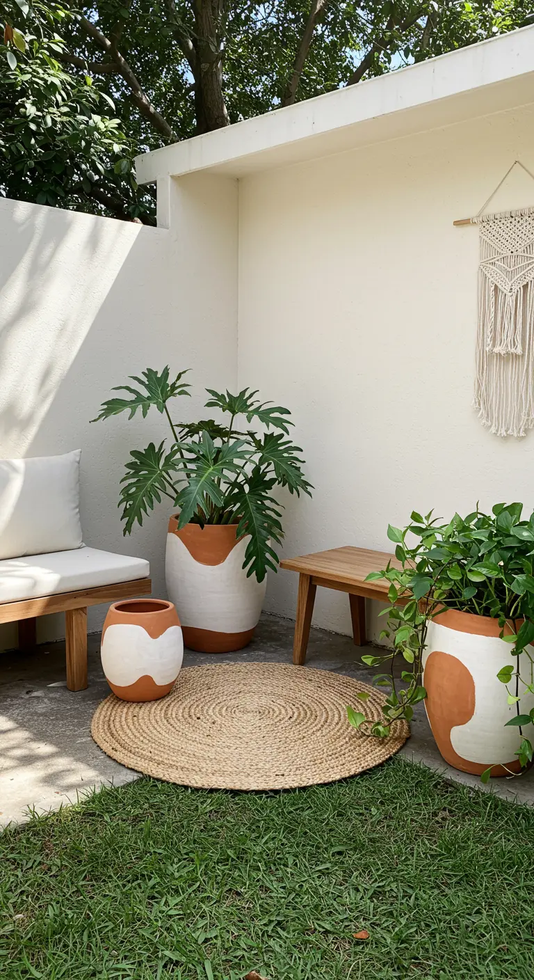 Patio minimaliste avec canapé en bois, tapis jute rond, pots bicolores terre cuite et blanc, macramé mural.