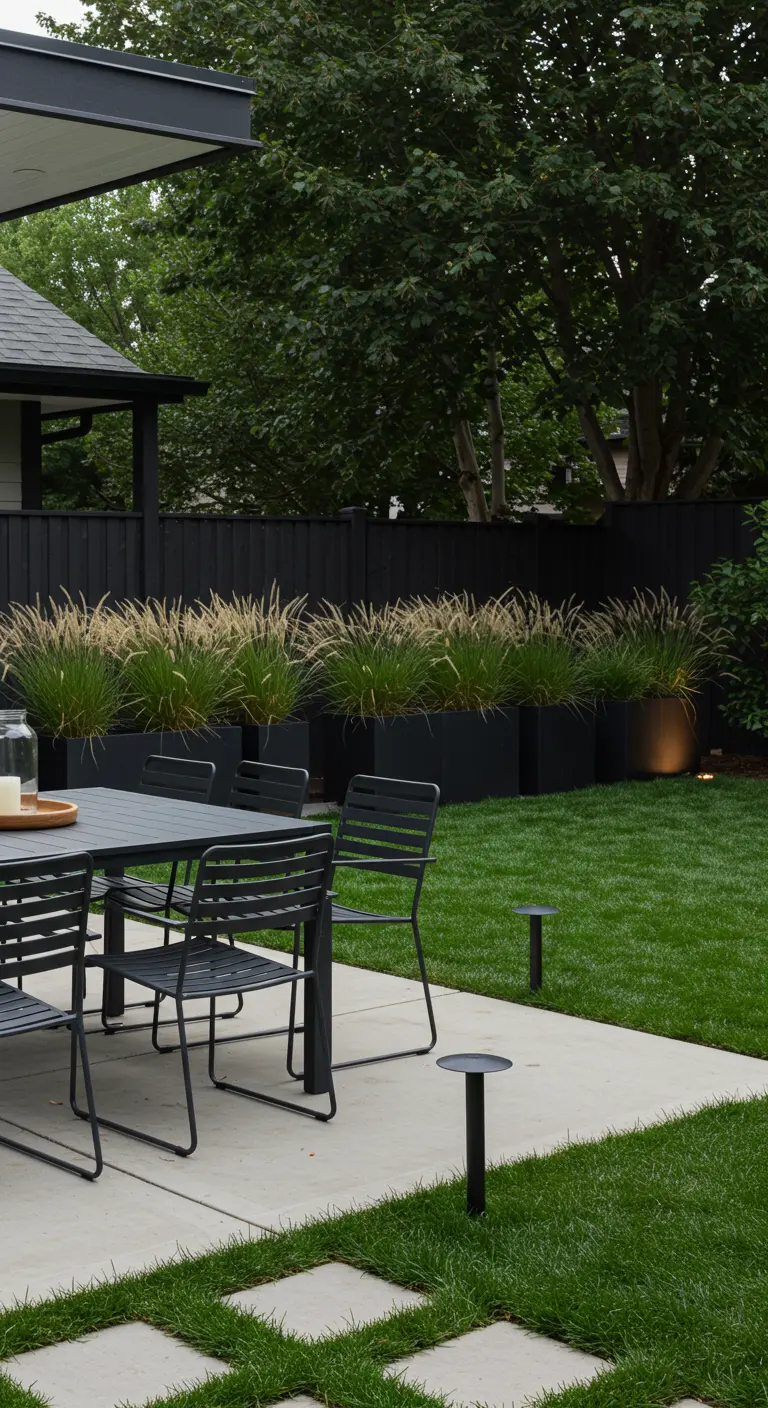Jardin moderne avec table et chaises noires, graminées dans des jardinières et pelouse.