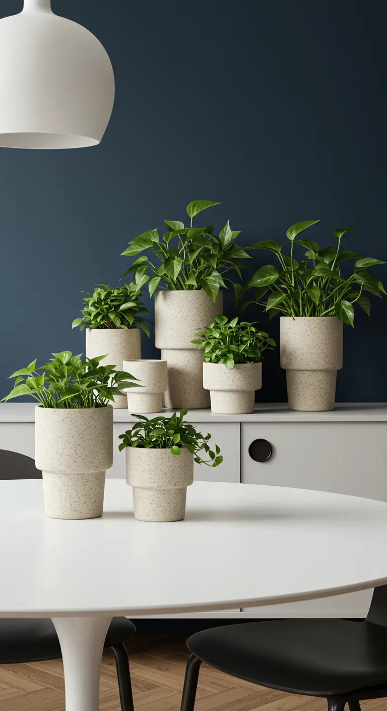 Pots en céramique beige mouchetée avec plantes vertes sur une commode devant un mur bleu foncé.