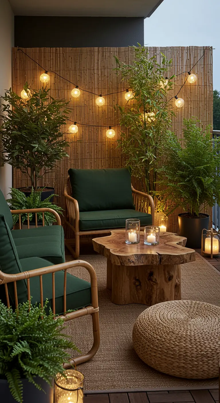 Balcon avec écran bambou, chaises rotin, table bois brut, plantes et guirlande lumineuse.